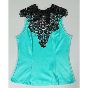 Teal Turquoise Lace Halter Tie-Back Tank Top Shirt Blouse Size M 🖤 #lace #top
